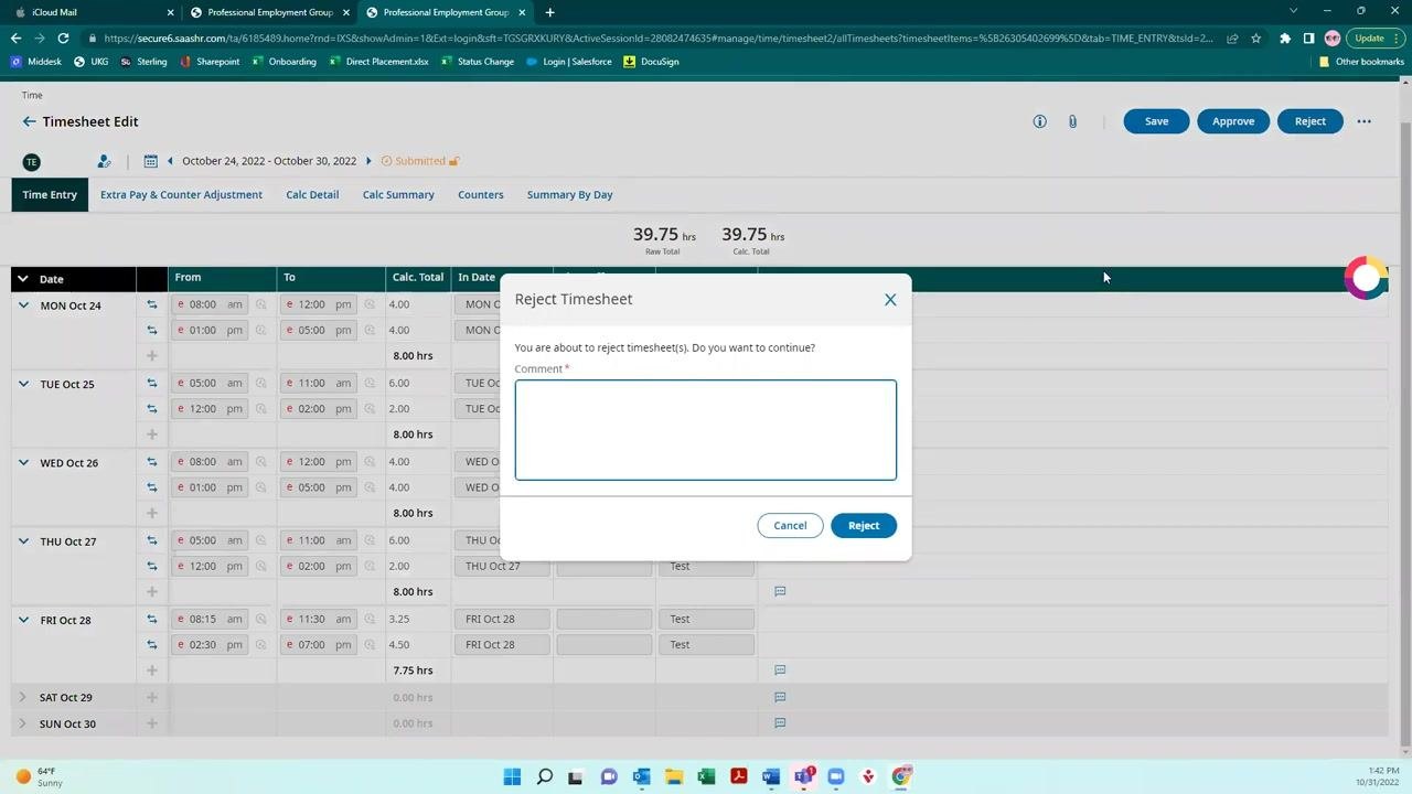 Reject Timesheet dialog box prompting for a required comment, displayed over the timesheet details