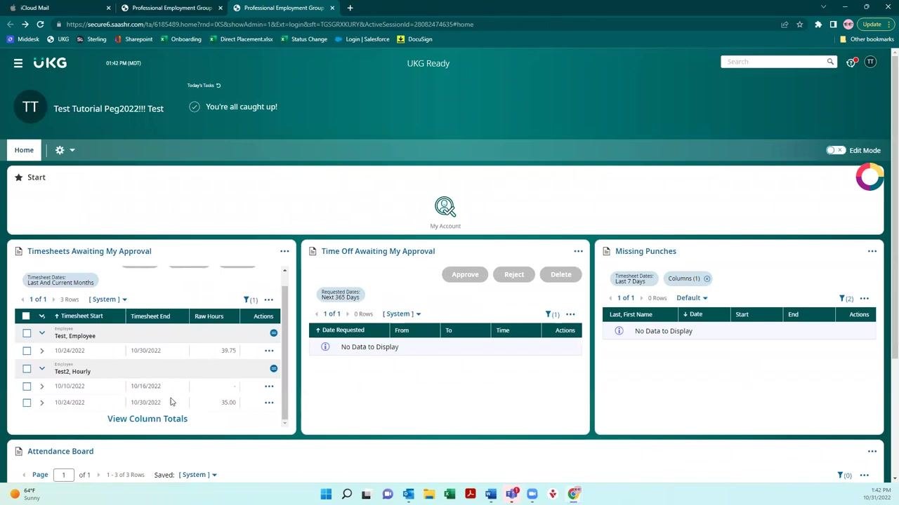 UKG dashboard after approval, showing only the remaining timesheets that still need action in the "Timesheets Awaiting My Approval" section
