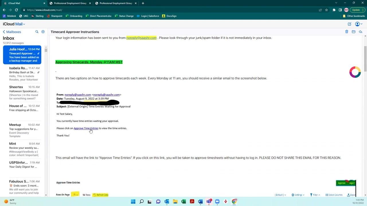UKG "All Timesheets" page with multiple timesheets selected and a "Processing..." dialog displayed after clicking Approve