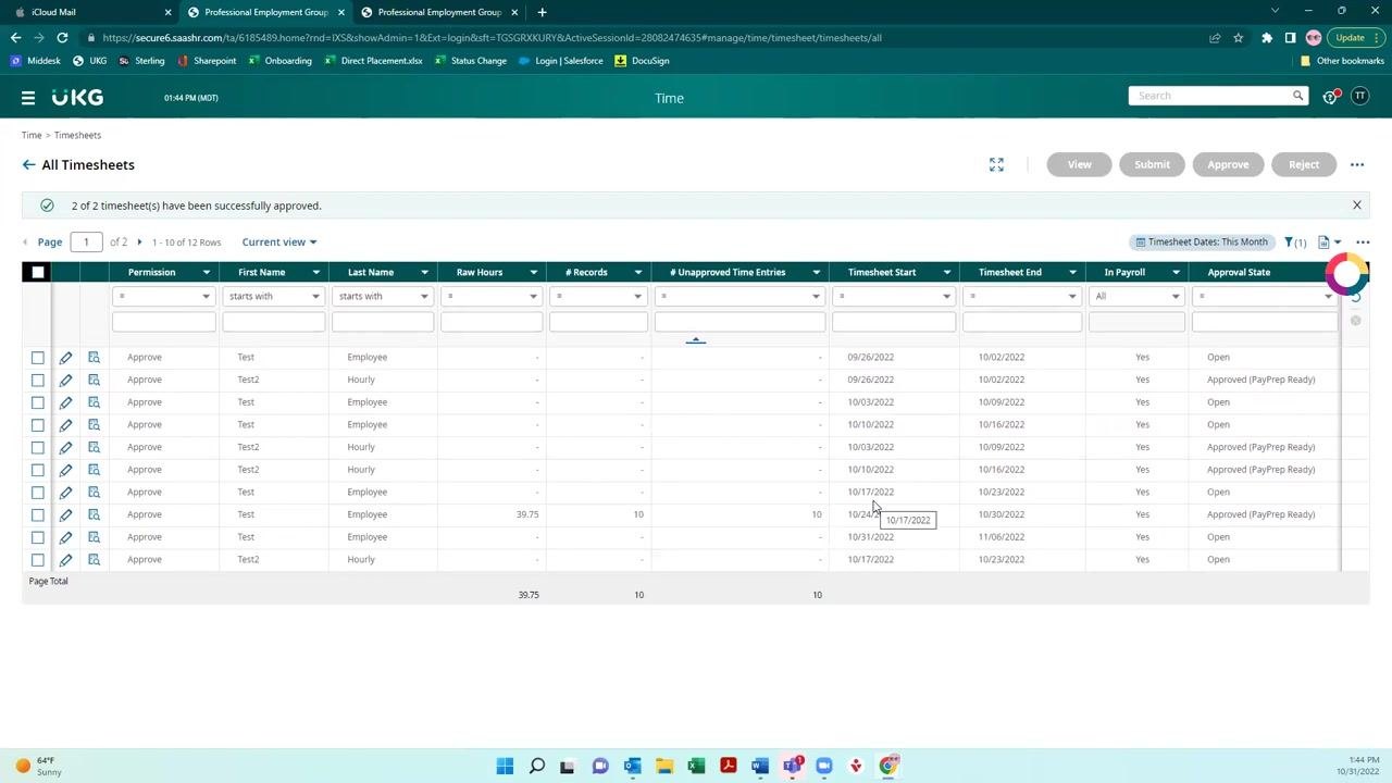 UKG "All Timesheets" page displaying a confirmation message that timesheets were successfully approved