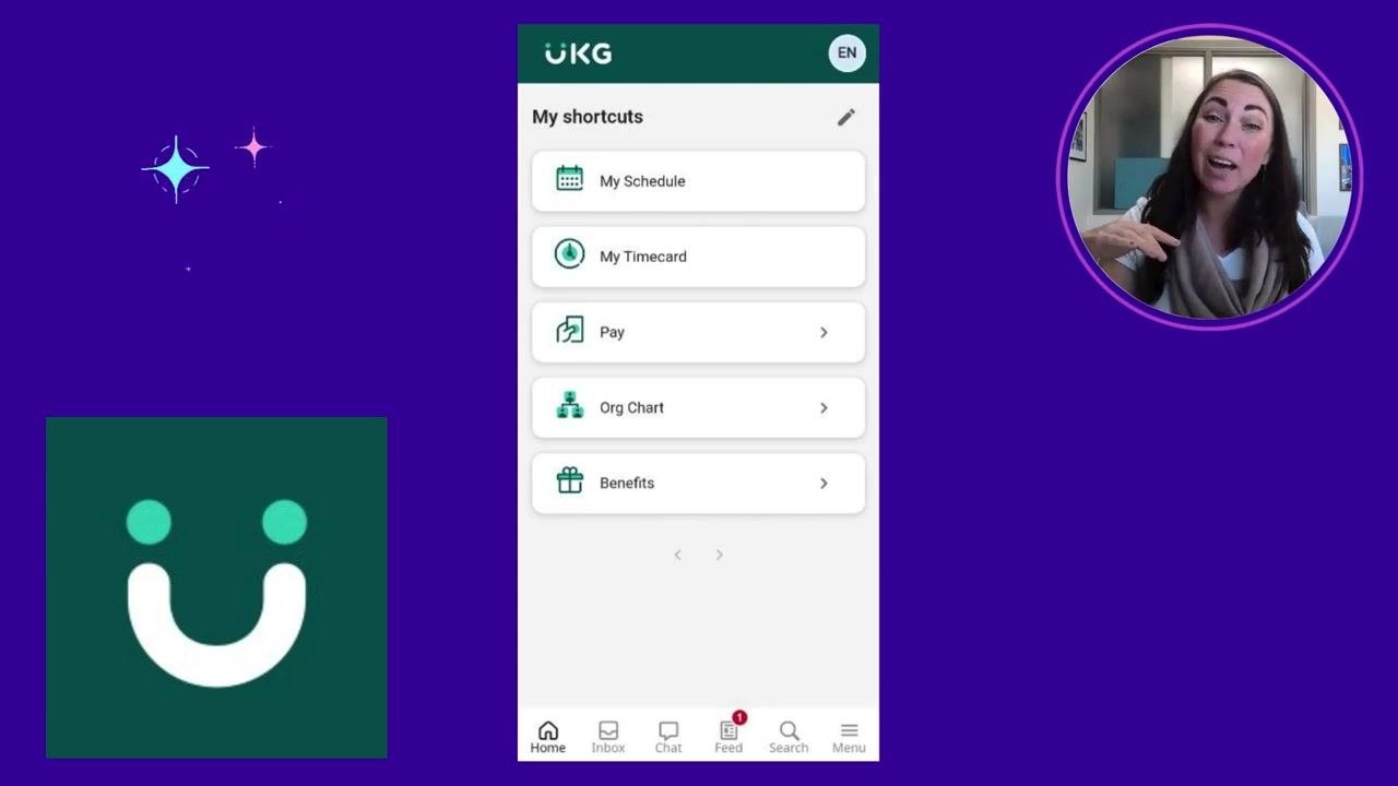 UKG Pro home screen showing the My Shortcuts section with My Schedule, My Timecard, Pay, Org Chart, and Benefits options.