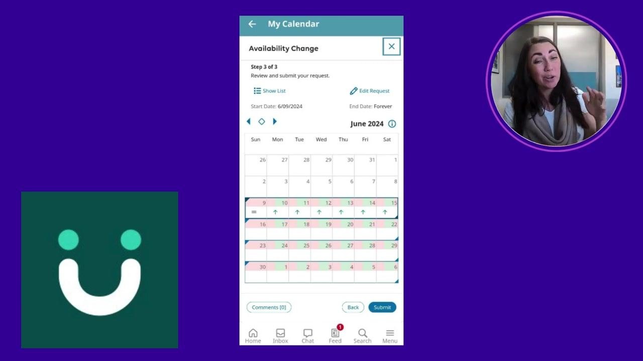 My Calendar screen showing the Availability Change review step, with a color-coded calendar for June 2024 and options to edit, comment, go back, or submit.