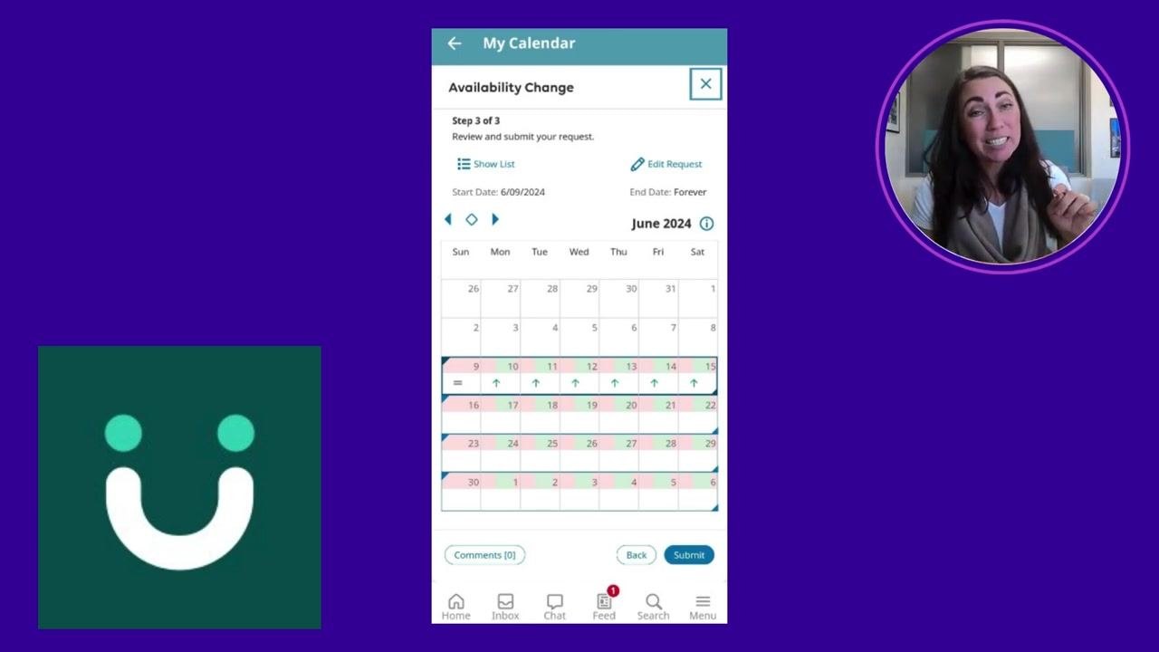 My Calendar screen in the UKG Pro app, showing the same availability review calendar, reinforcing the integration of your availability into the scheduling process.