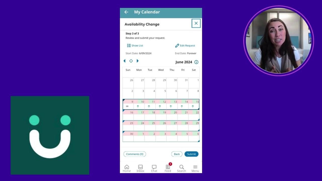 My Calendar screen in the UKG Pro app, with the presenter emphasizing the importance of reaching out to your manager for help.