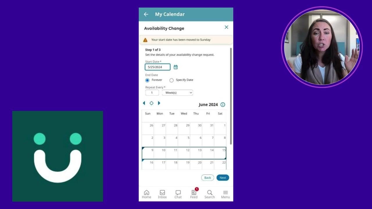 Availability Change screen showing the Start Date, End Date, Repeat Every fields, calendar view, and the Next button.