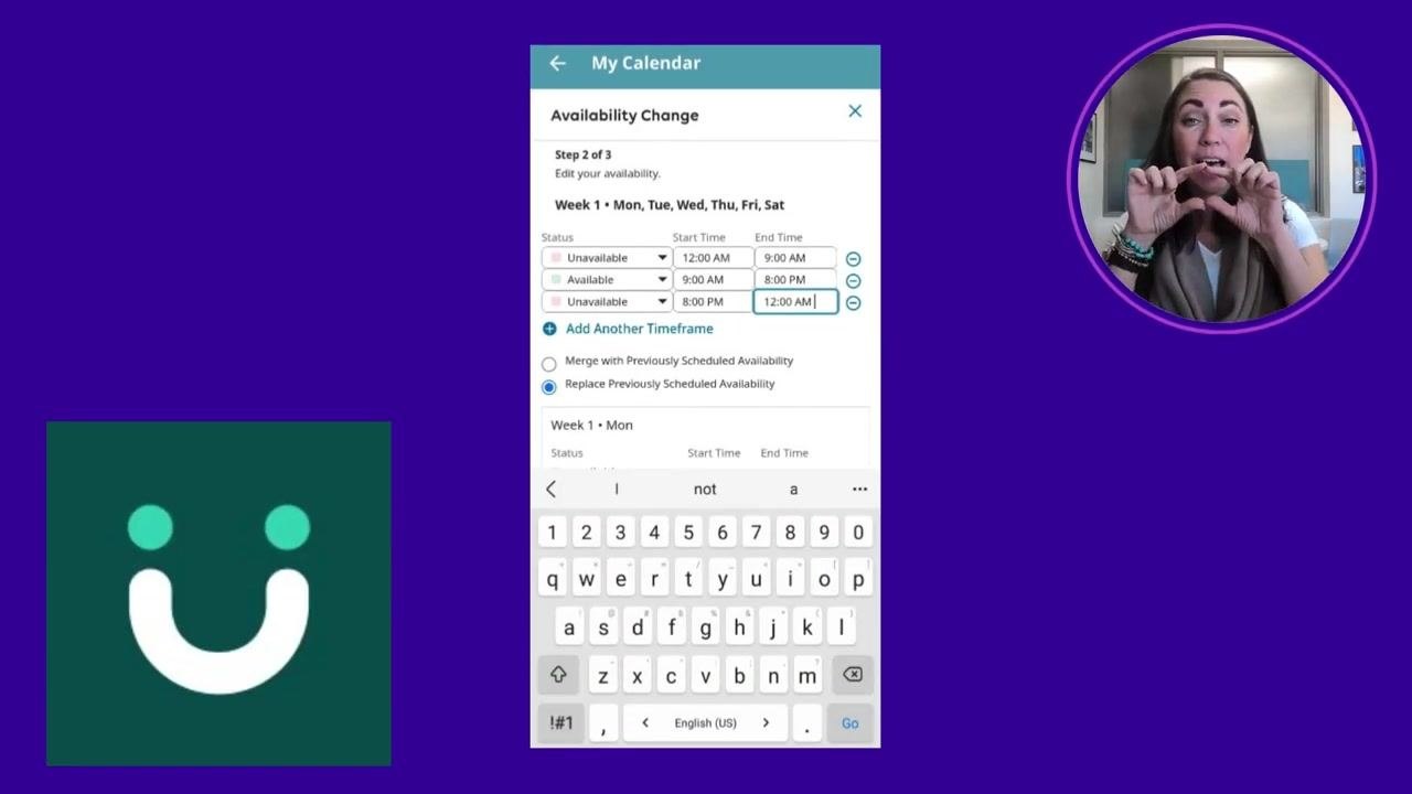 Availability Change Step 2 of 3 screen with checkboxes for each day of the week and the Edit Availability button.