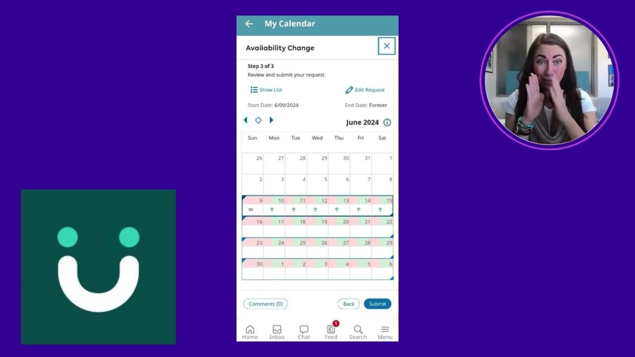 Calendar view showing color-coded availability for each day of the month, with the option to submit the request.