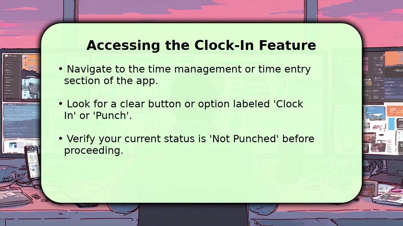 Screen titled "Accessing the Clock-In Feature" with instructions: navigate to the time management section, locate the Clock In or Punch button, and verify your status shows as Not Punched before proceeding. Background shows a stylized office with computers and a person at a desk.