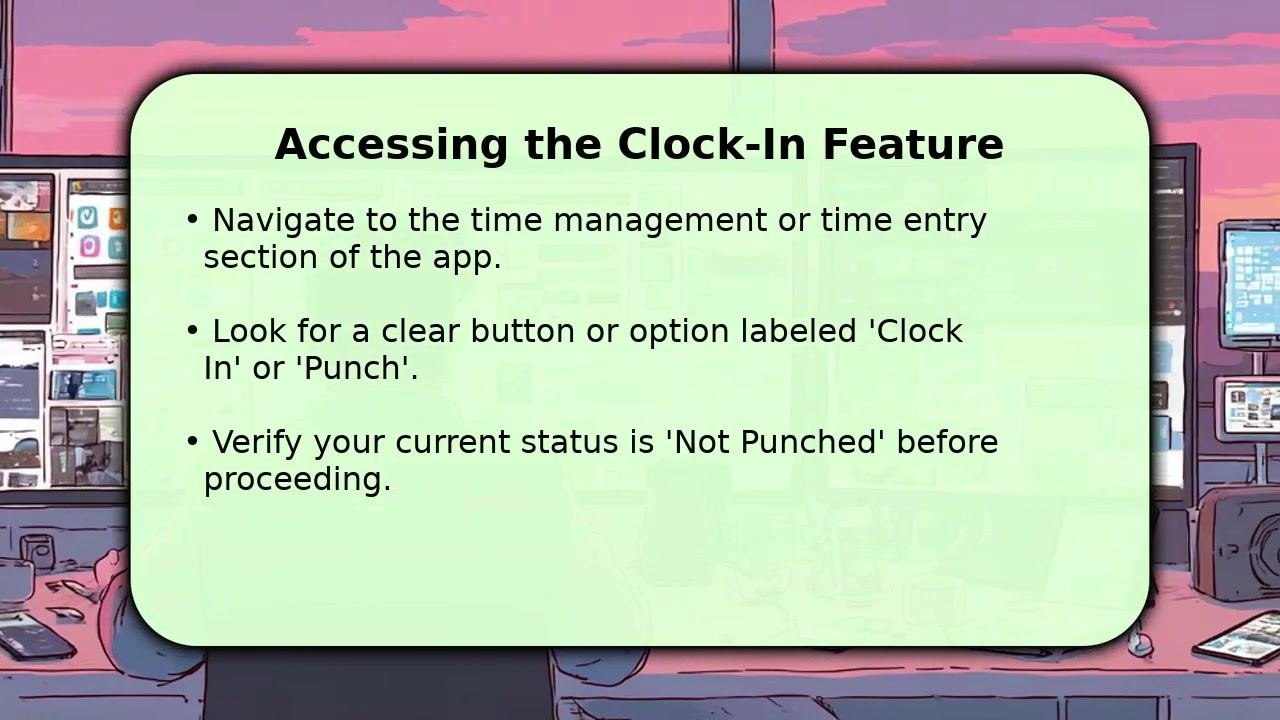 Screen titled "Confirming Your Time Punch" with instructions: tap the Clock In button, confirm your location or shift details if prompted, and check for a confirmation message indicating a successful punch. Background shows a stylized office with people and computers.