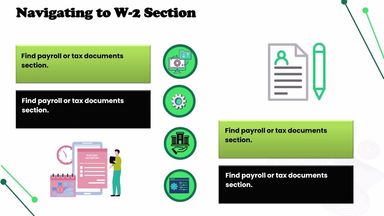 Screen showing how to navigate to the W-2 section, with document icons, a person with a laptop, and a year-end tax report illustration.