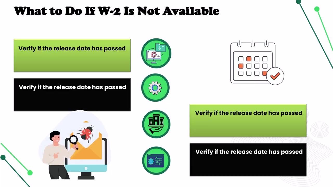 Screen showing steps for when your W-2 is not available, starting with verifying if the release date has passed, with a calendar with a checkmark and a person inspecting an envelope on a computer.