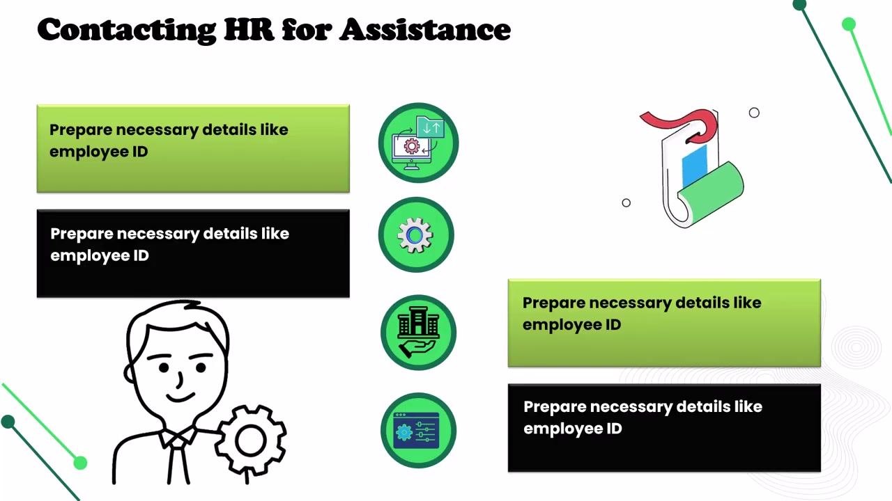 Screen showing how to contact HR for assistance, starting with preparing necessary details like employee ID, with a person with a gear icon and a paperclip illustration.