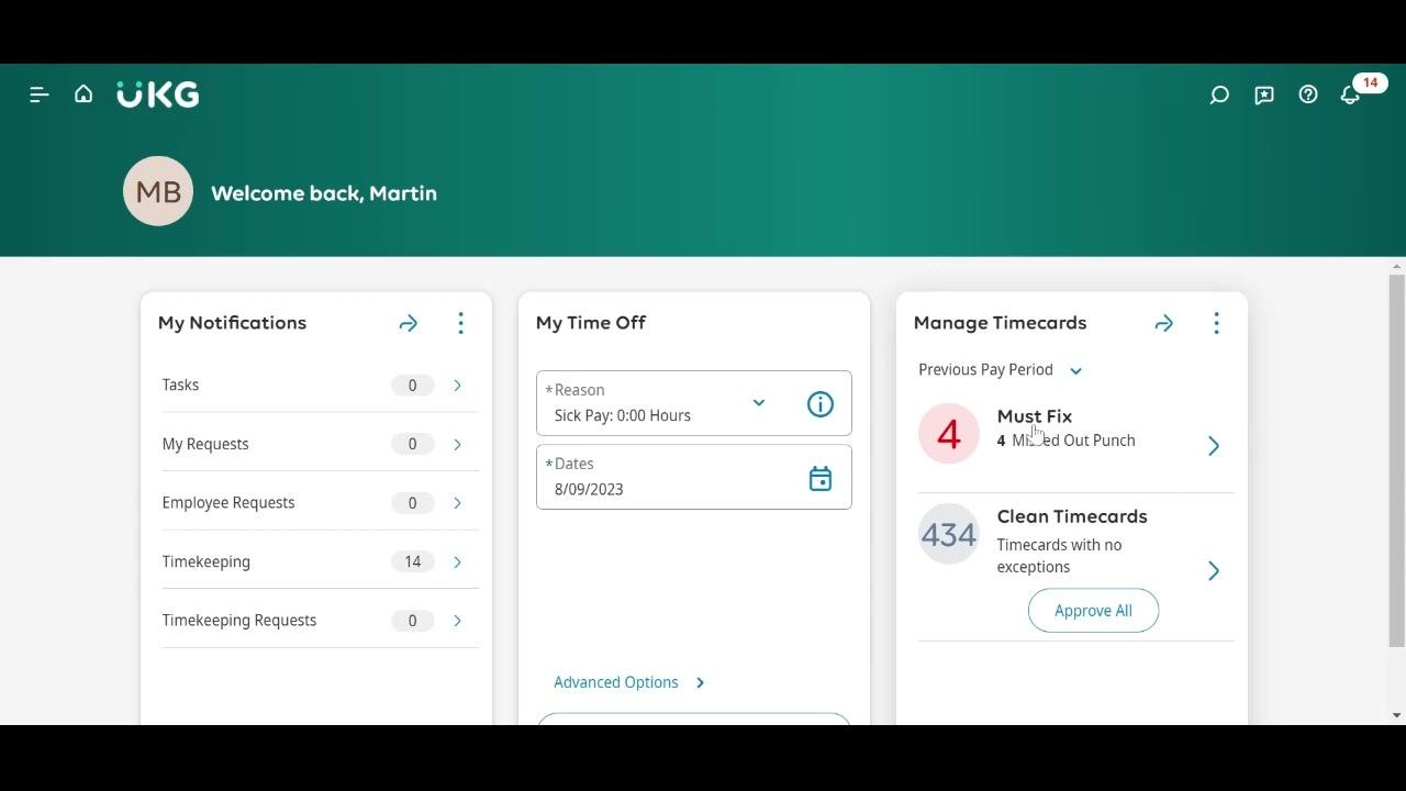 UKG dashboard showing notifications, time off, and manage timecards with 4 missed out punches and 434 clean timecards