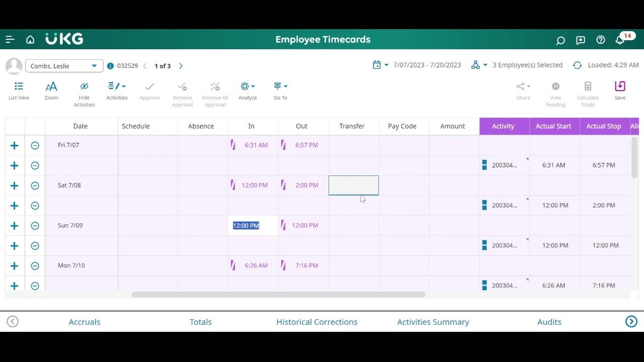Employee Timecards with corrected out time and activity, ready for saving