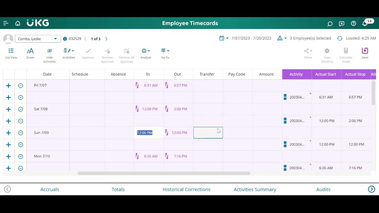 Employee Timecards screen showing time entries and the Save button in the upper right corner