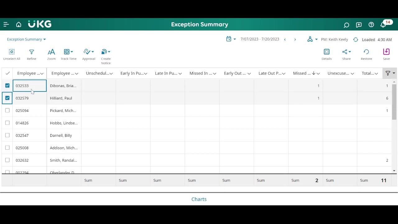 Exception Summary with two employees selected for further correction