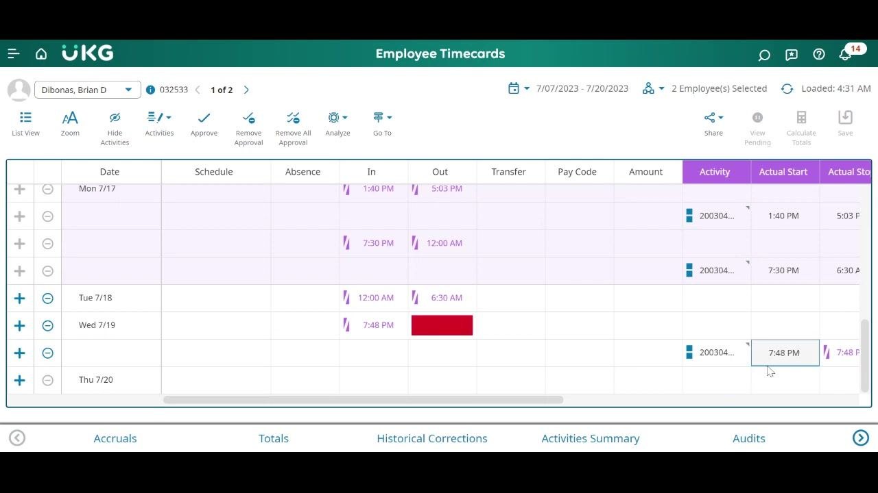 Employee Timecards screen for Brian Dibonas, showing overnight shift entries, a missing punch highlighted in red, and detailed columns for Activity, Actual Start, and Actual Stop