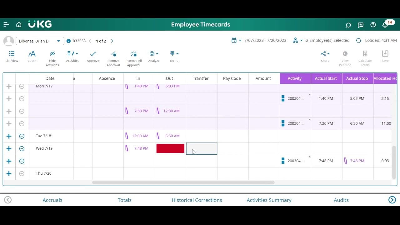Employee Timecards screen showing time entries, with a red cell indicating a missing or problematic clock-out time for Wed 7/19