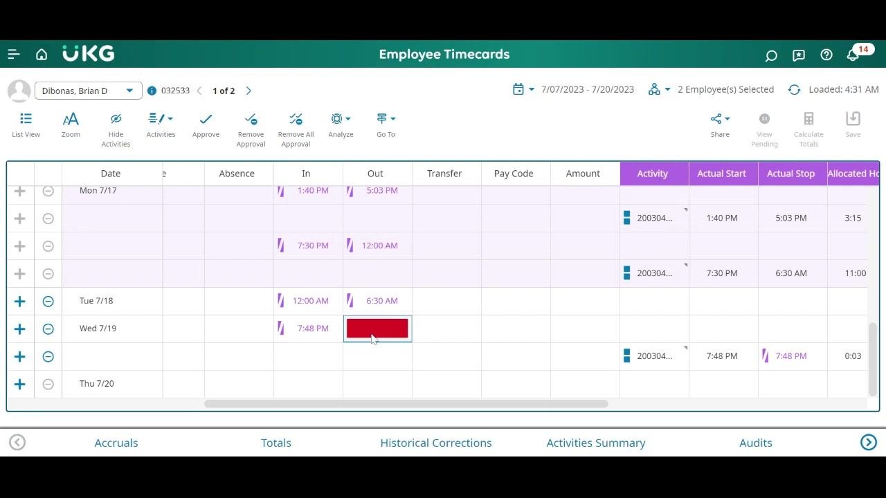 Timecard showing the system's handling of the midnight cutover, with a red cell for the missing clock-out on 7/19