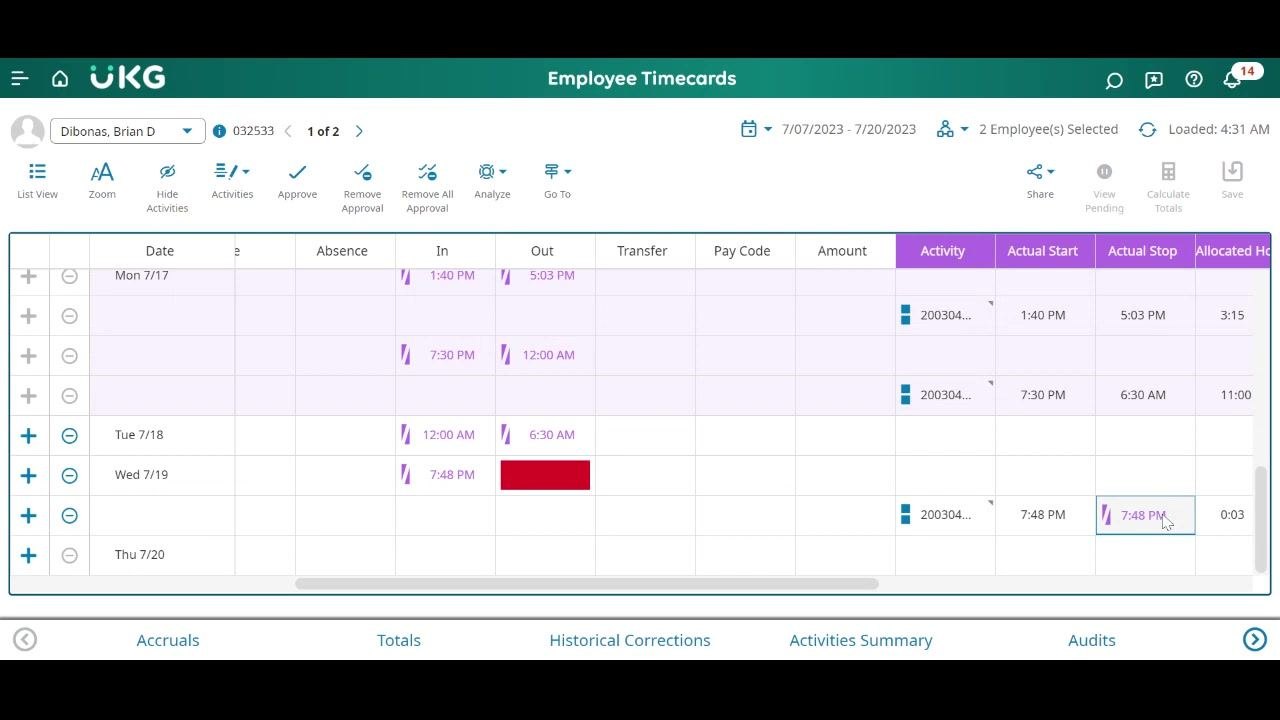 Timecard showing actual start and stop times, with a possible discrepancy in allocated hours