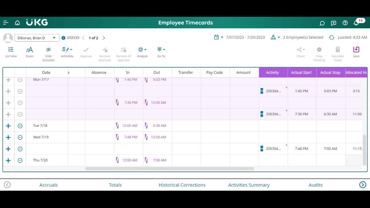 Employee Timecards screen with all corrections finalized and the Save icon visible in the upper right