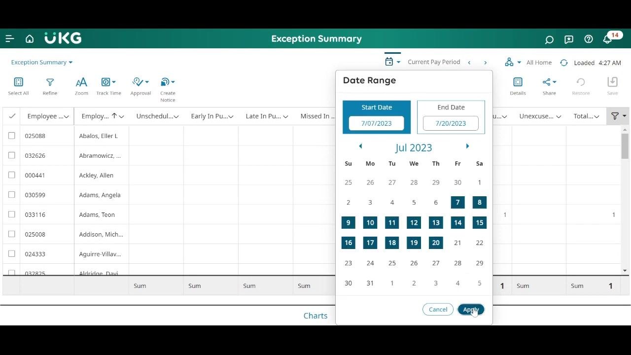 Date range selector open, showing a calendar with start and end dates being set for July 2023