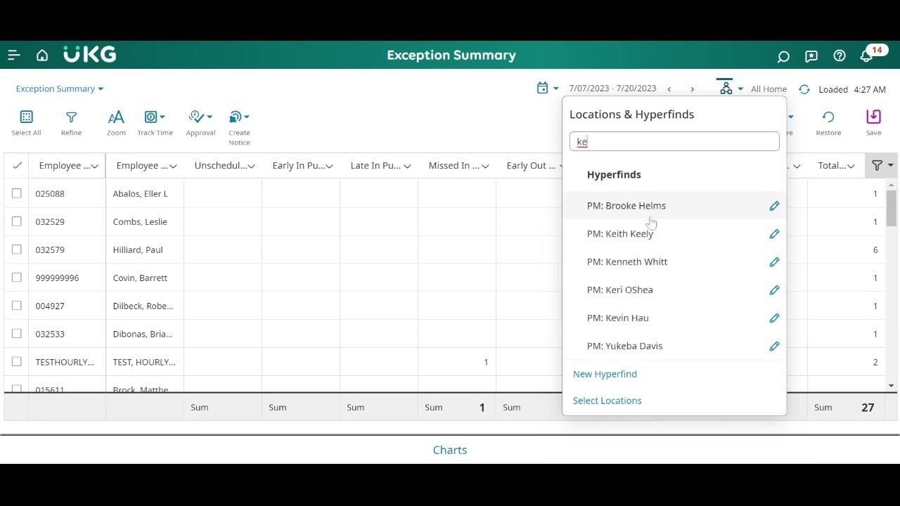 Exception Summary with Hyperfind filter applied, showing three employees with missed punches