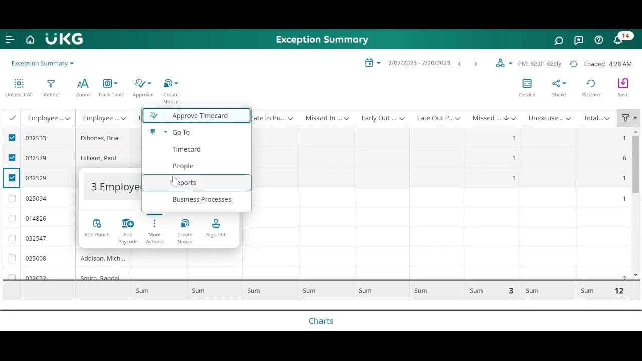 Three employees selected in the Exception Summary, with the right-click menu open and Go To > Timecard highlighted