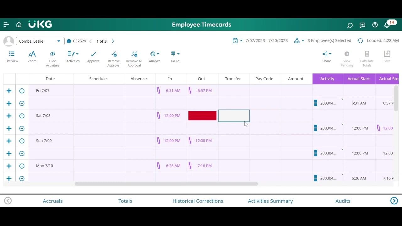 Incorrect entry in the Out field for an activity-based employee, with the red highlight remaining