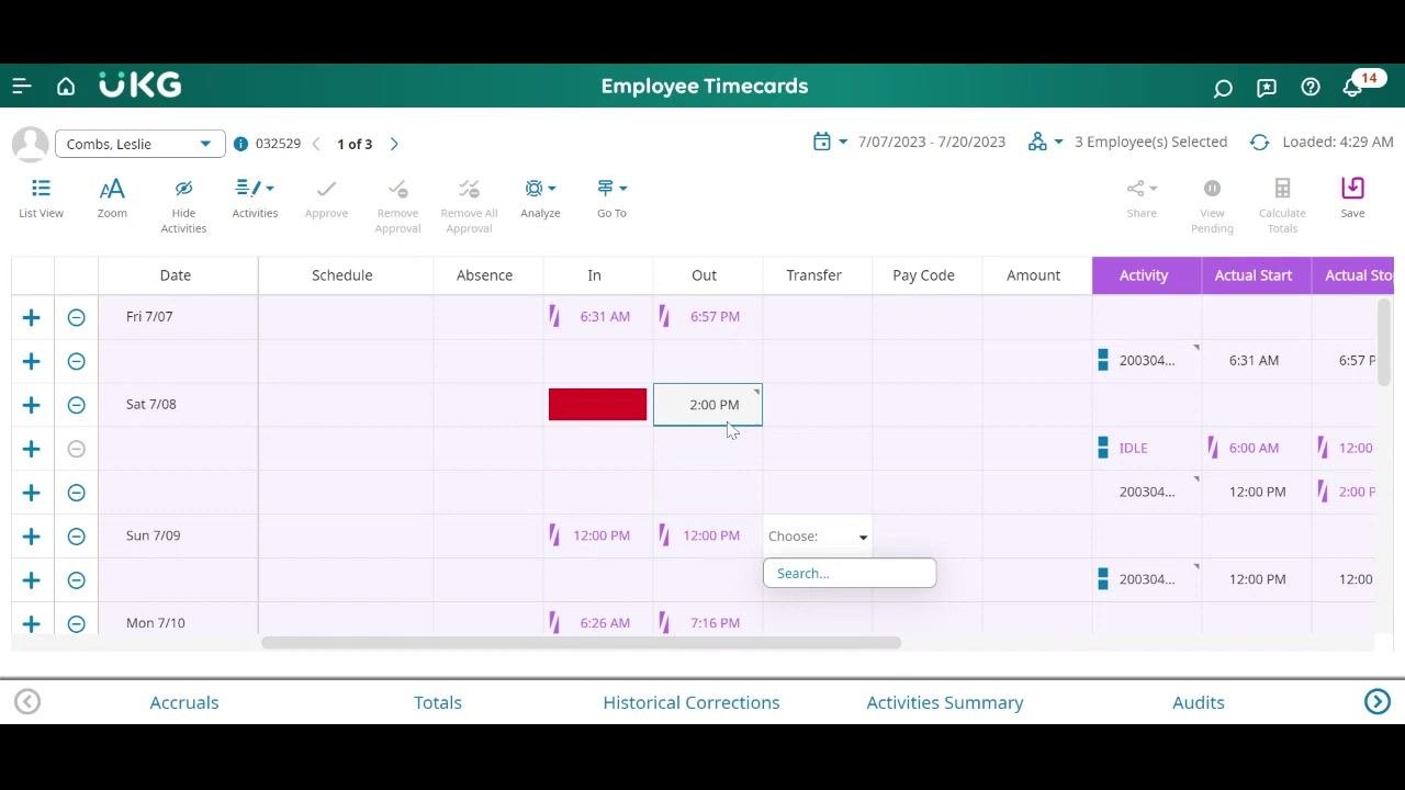 Correct out time entered in the activity field, with a purple highlight indicating approved time that is still editable by a manager