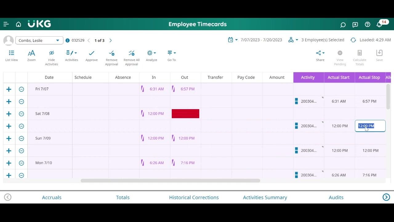 Employee Timecards showing a purple highlight in activity fields, indicating approved but editable time
