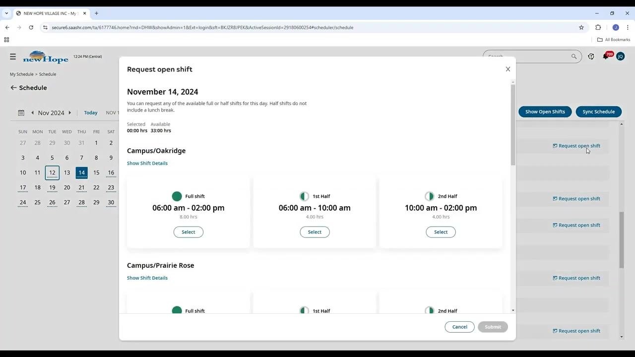 Schedule view with calendar and Show Open Shifts button