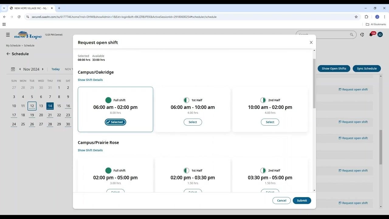 Request open shift window with a shift selected and the Submit button highlighted