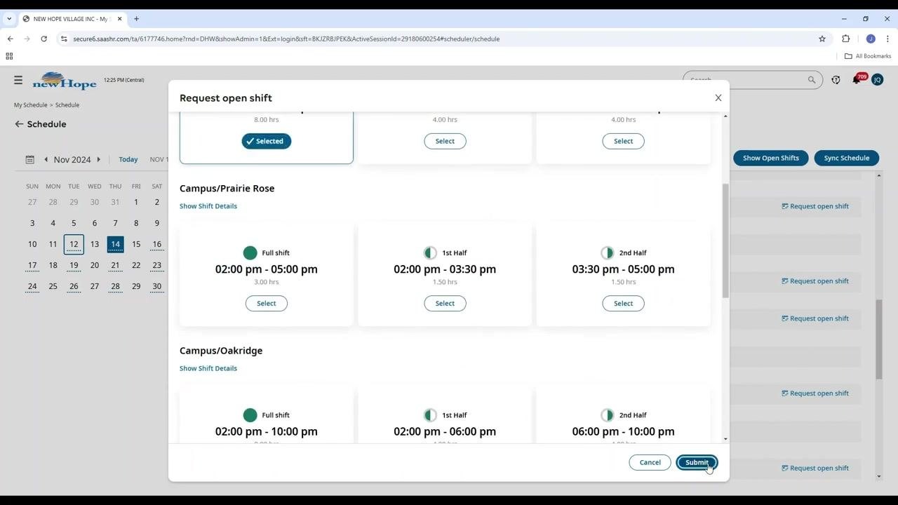 Confirmation dialog with a supervisor contact reminder, Submit and Cancel buttons visible