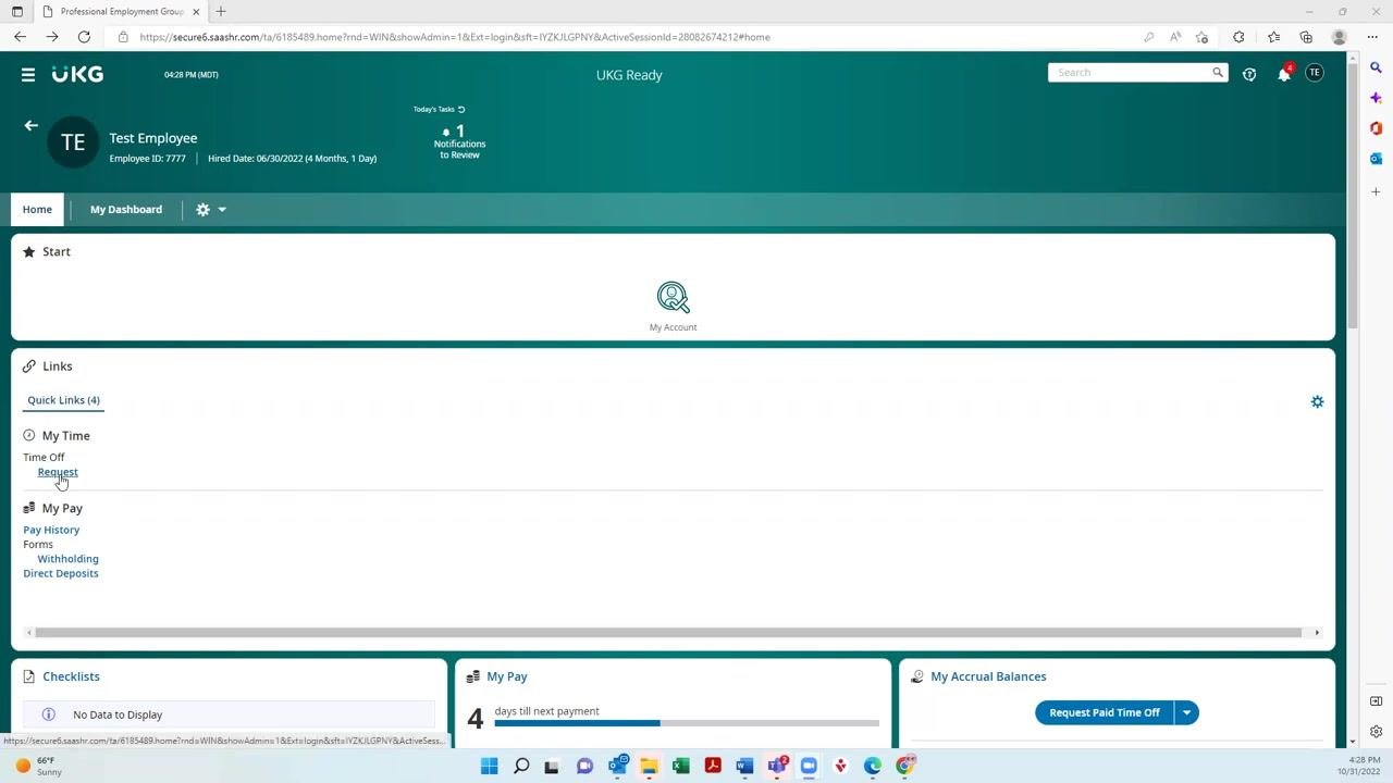 UKG dashboard with Quick Links and the Request link highlighted under My Time