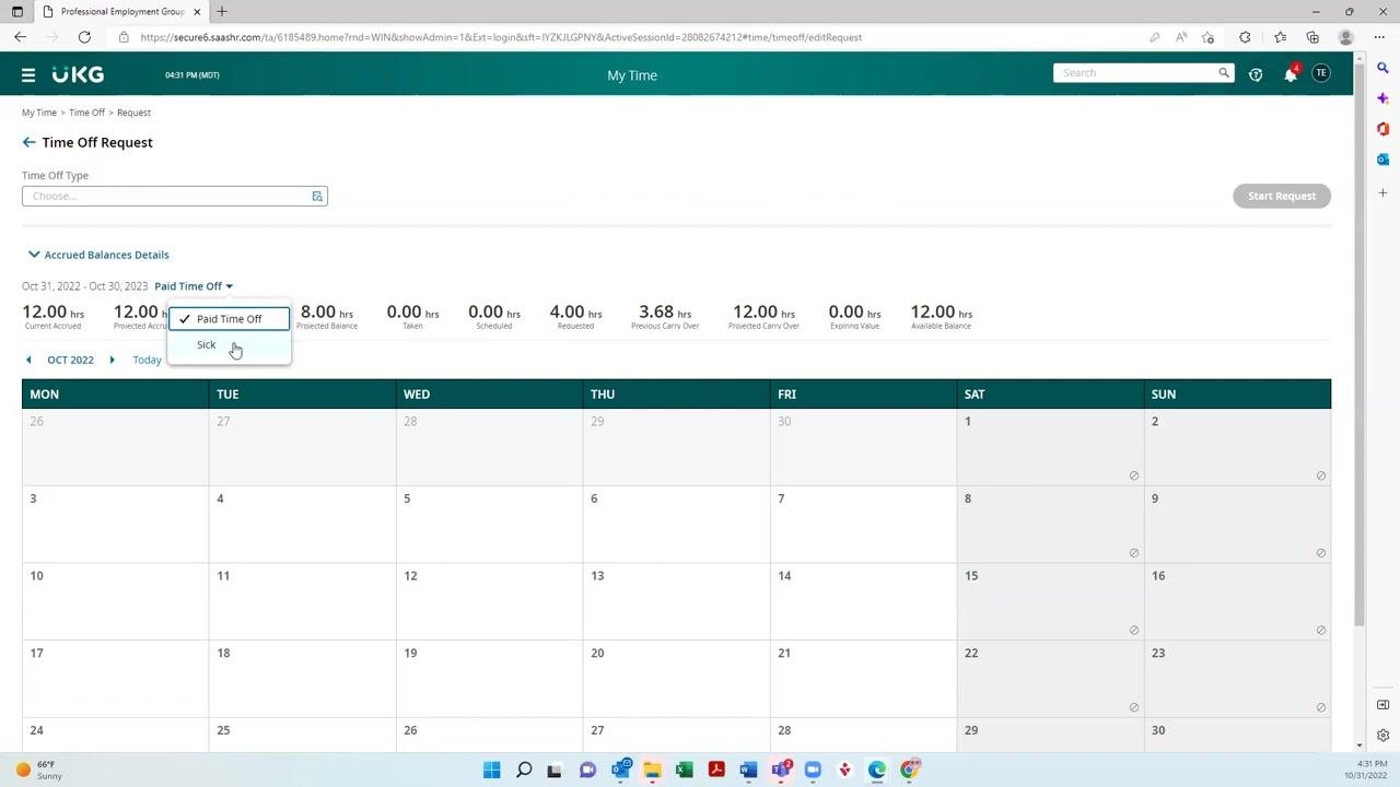 Dropdown menu for switching between Paid Time Off and Sick time