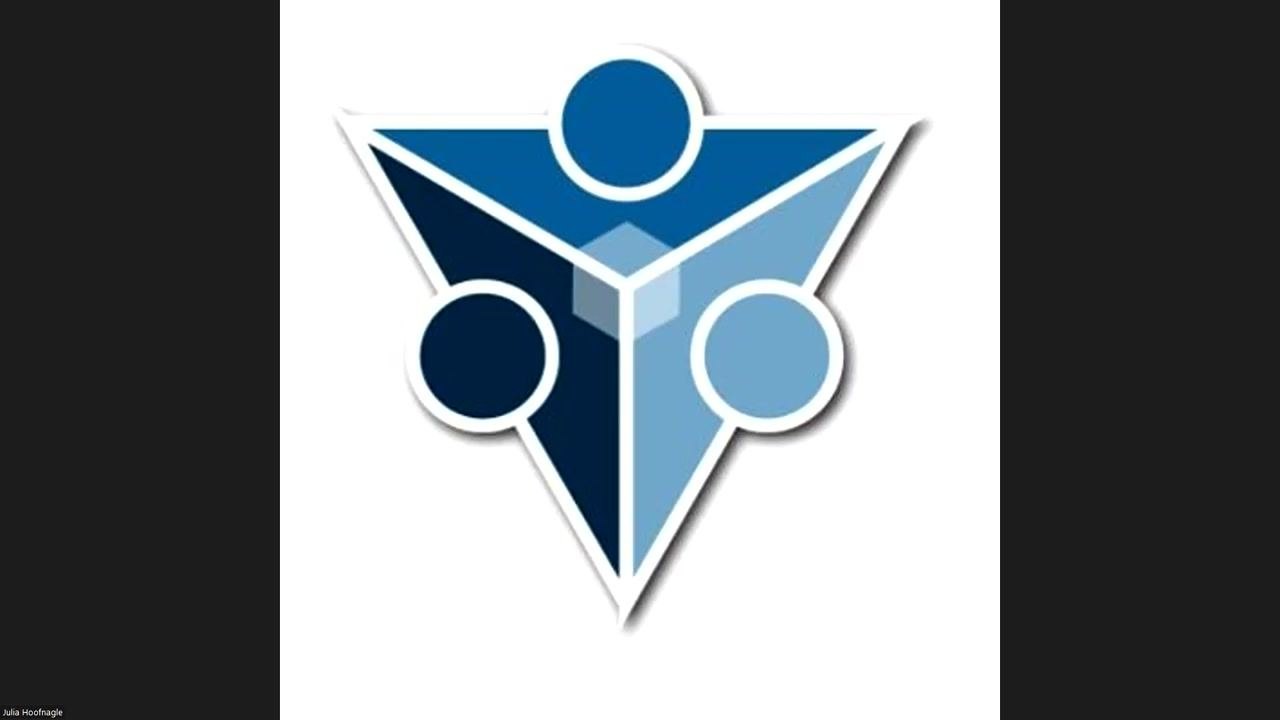 Screen displaying a blue geometric logo with three interconnected circles and triangles, set against a white background. No other objects, text, or actions are visible.