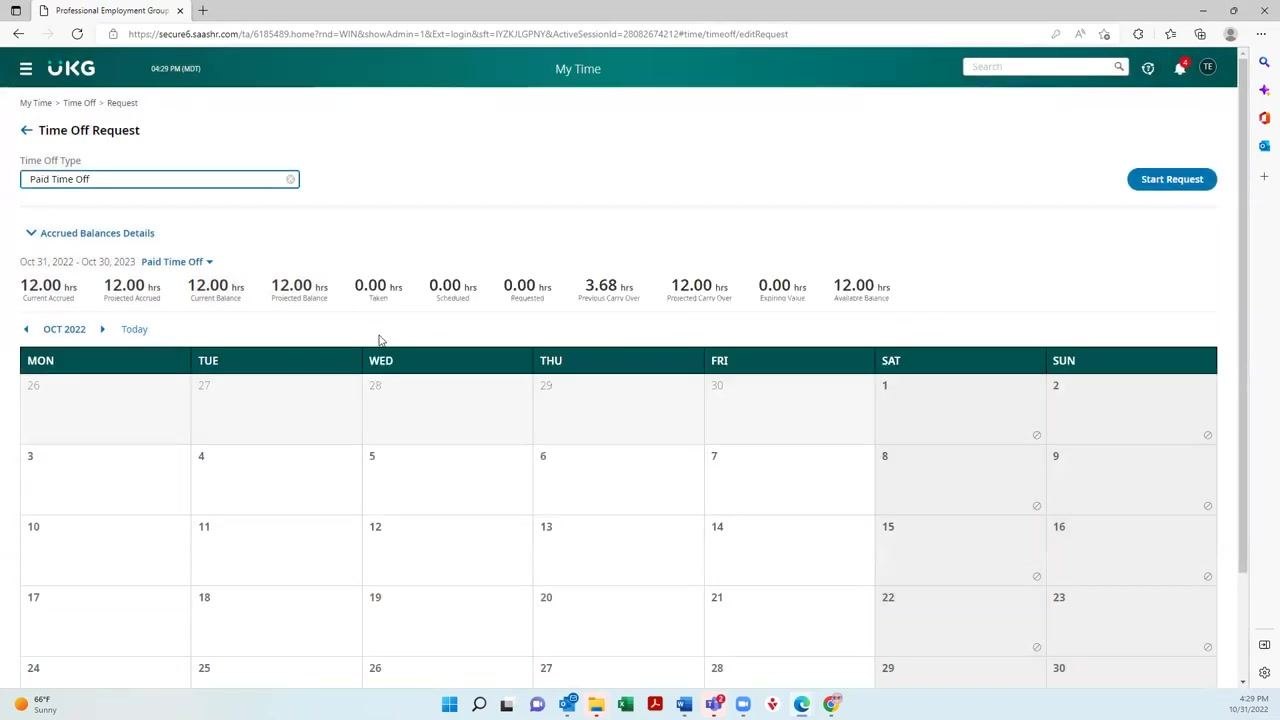 Time Off Request page with Paid Time Off selected and the Start Request button visible