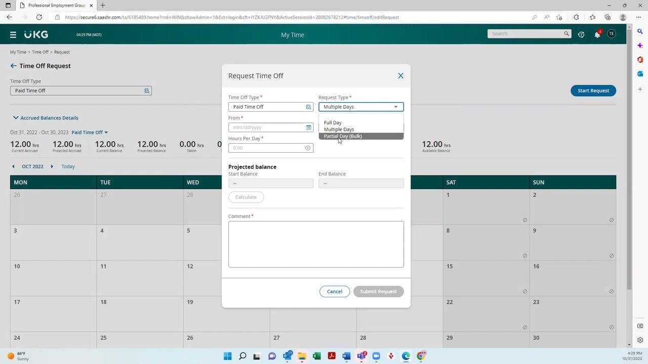 Request Time Off dialog with the Request Type dropdown open