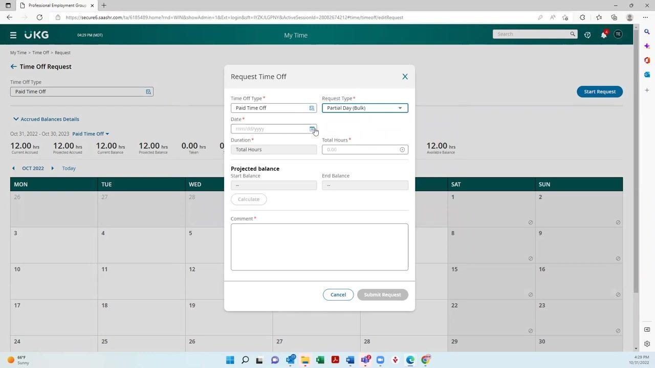 Request Time Off dialog with the date selection field highlighted