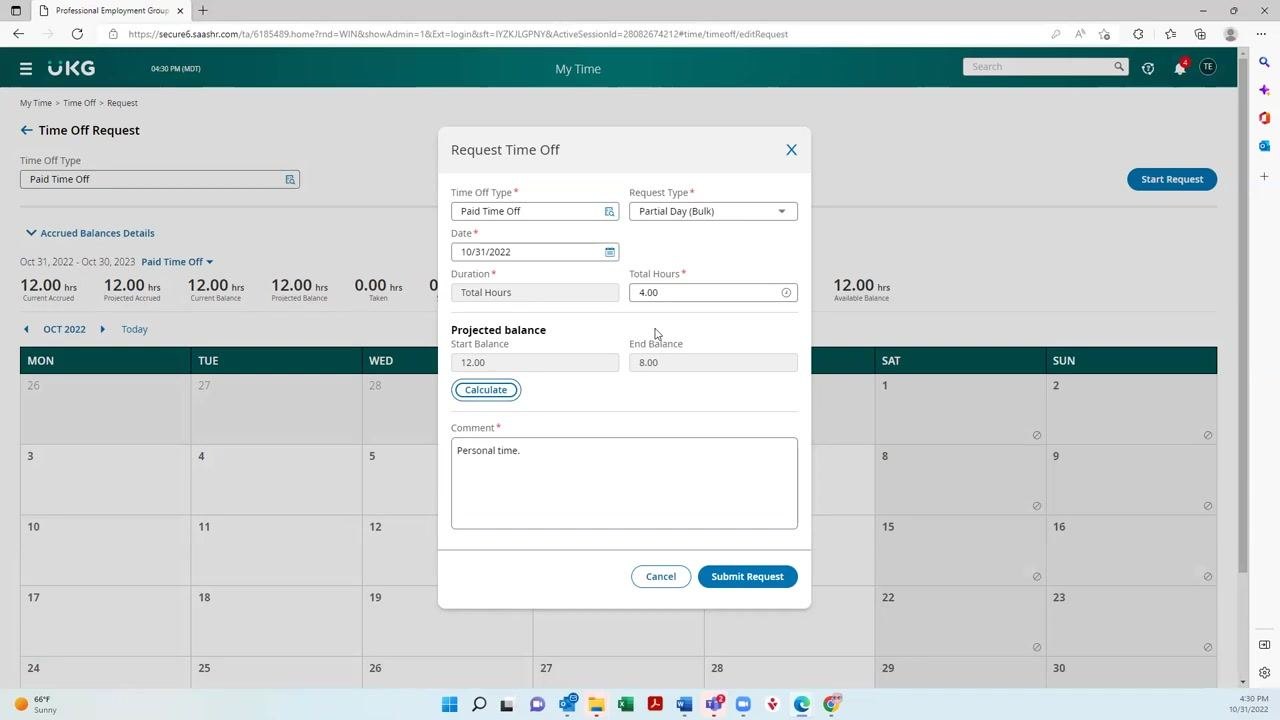 Request Time Off dialog showing a projected balance calculation: starting balance 12.00, ending balance 8.00, with 4.00 hours requested
