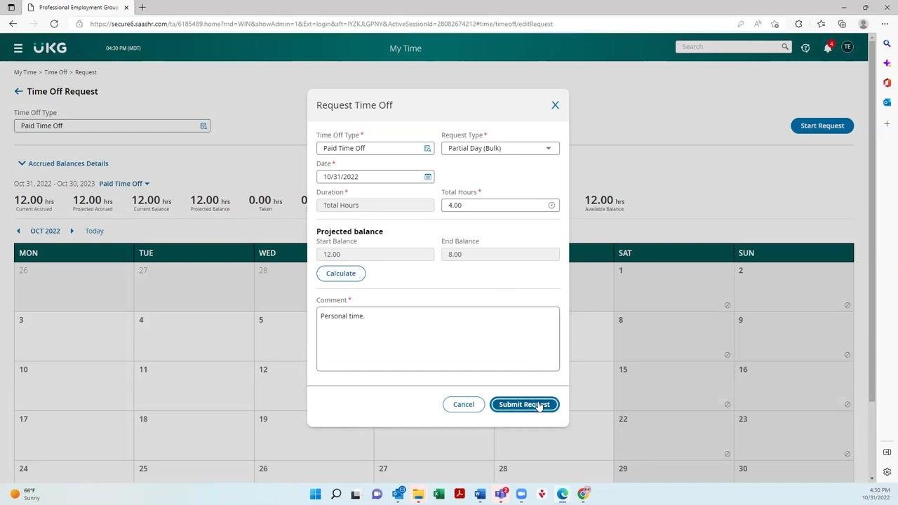 Request Time Off dialog with the cursor positioned on the Submit Request button