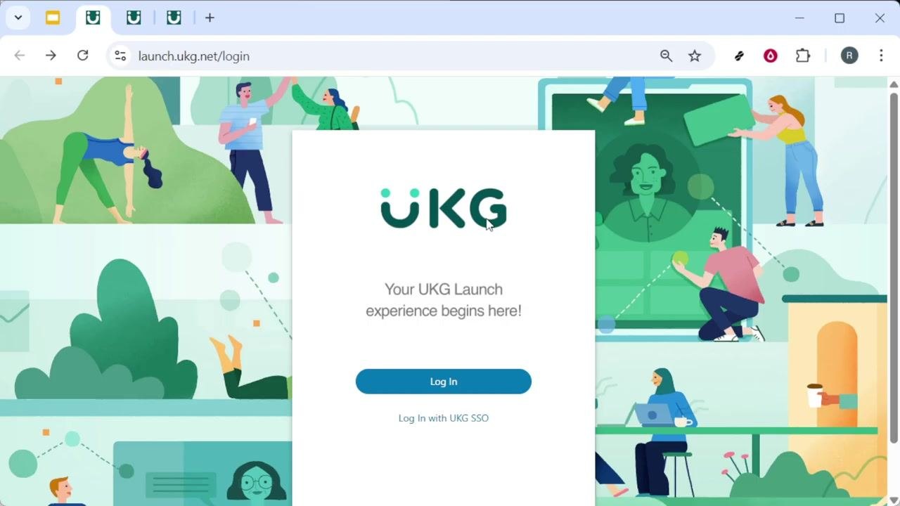 The browser shows the official UKG Launch sign-in page at launch.ukg.net/login, featuring UKG branding and a "Log In" button.