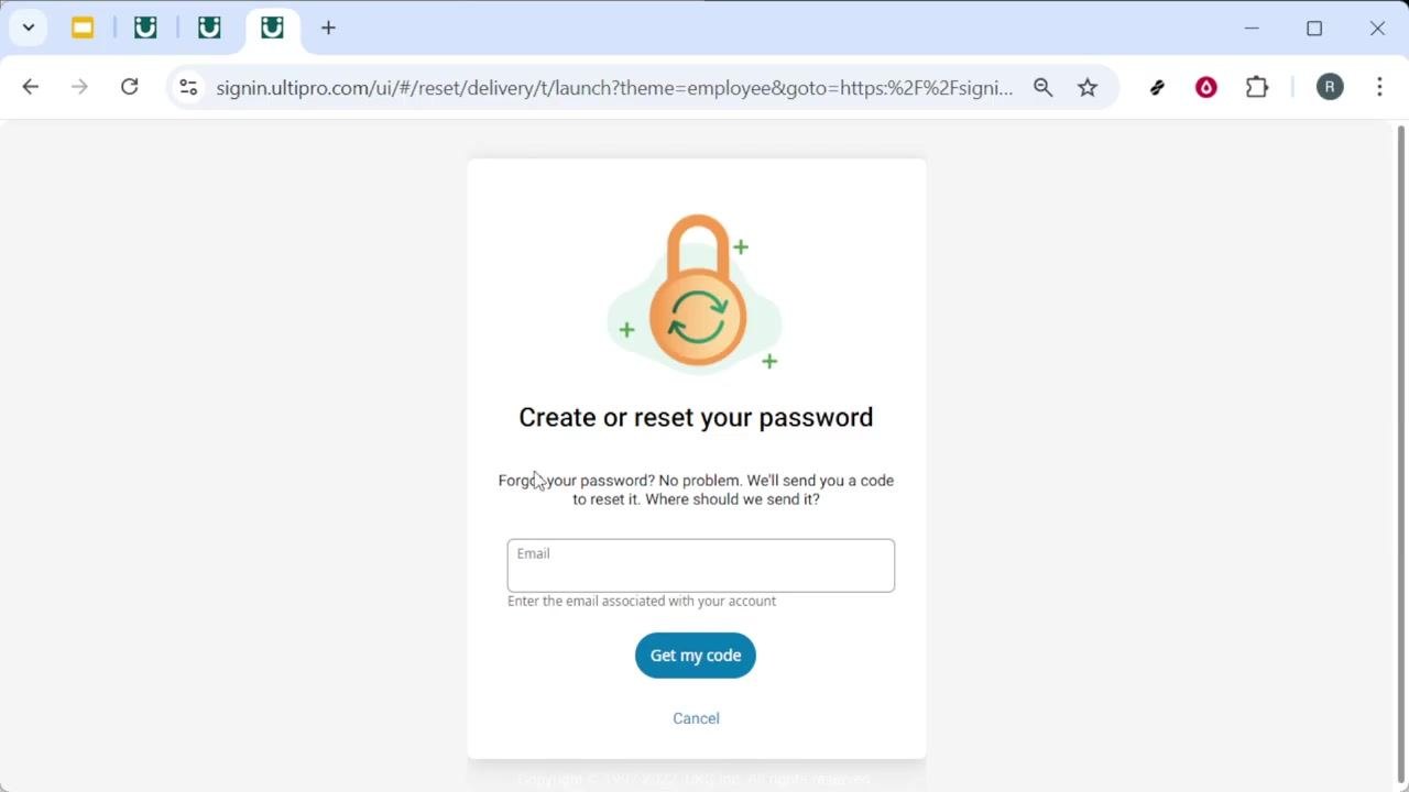 The "Create or reset your password" screen displays an email input field and a "Get my code" button.