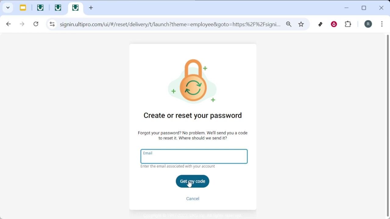 The "Create or reset your password" screen is ready for the verification code to be entered.