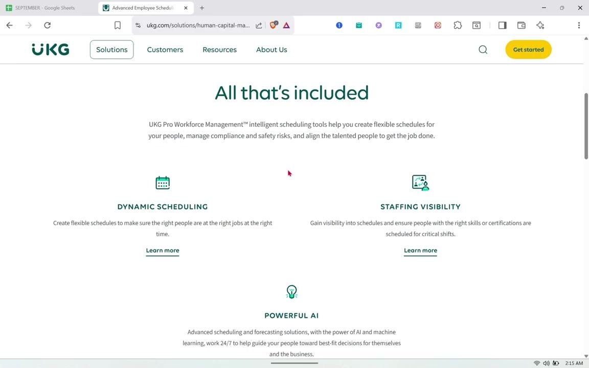 Scheduling "All that's included" section listing Dynamic Scheduling, Staffing Visibility, and Powerful AI, each with a short description and a "Learn more" link.