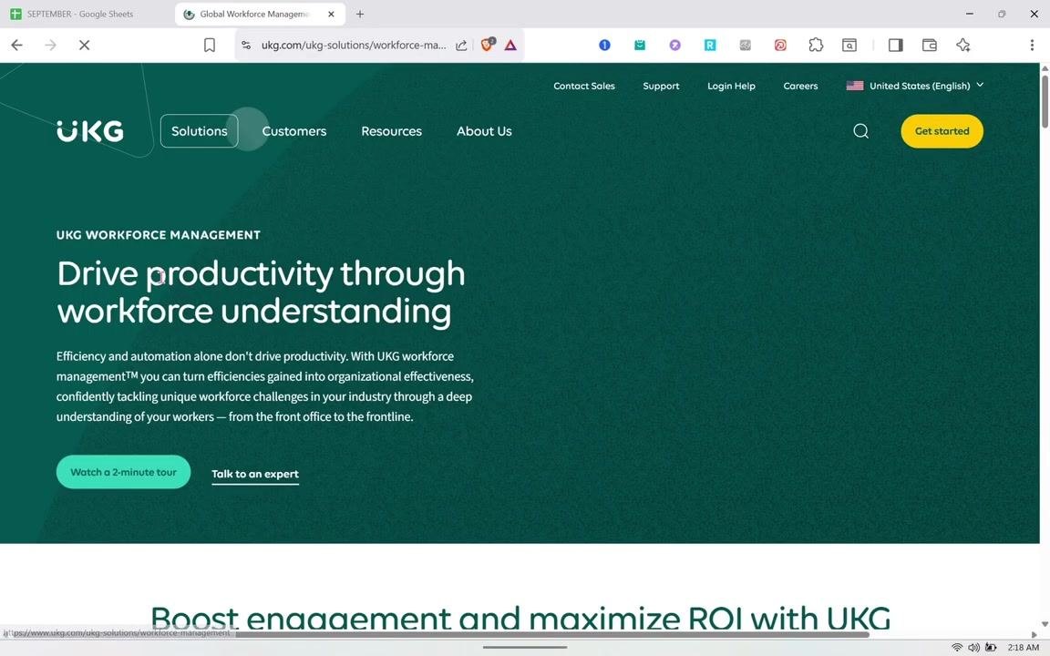UKG Workforce Management solutions page with the productivity message and options to watch a tour or talk to an expert.