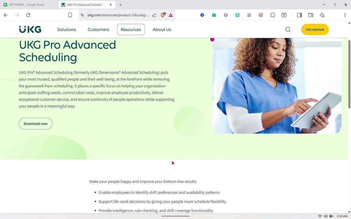 UKG Pro Advanced Scheduling benefits listing shift preferences, schedule flexibility, intelligence, rule checking, and shift coverage.