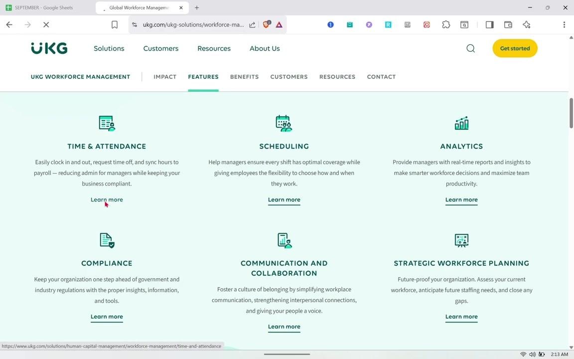 Time & Attendance page showing the "All that's included" section with Simplified Timekeeping, Proactive Absence Management, Trackable Job-Costing, and Reimagined Time Clock, each with a short description and a "Learn more" link.