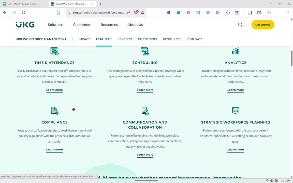 Overview of UKG Workforce Management features showing six categories — Time & Attendance, Scheduling, Analytics, Compliance, Communication and Collaboration, and Strategic Workforce Planning — each with a brief description and a "Learn more" link.